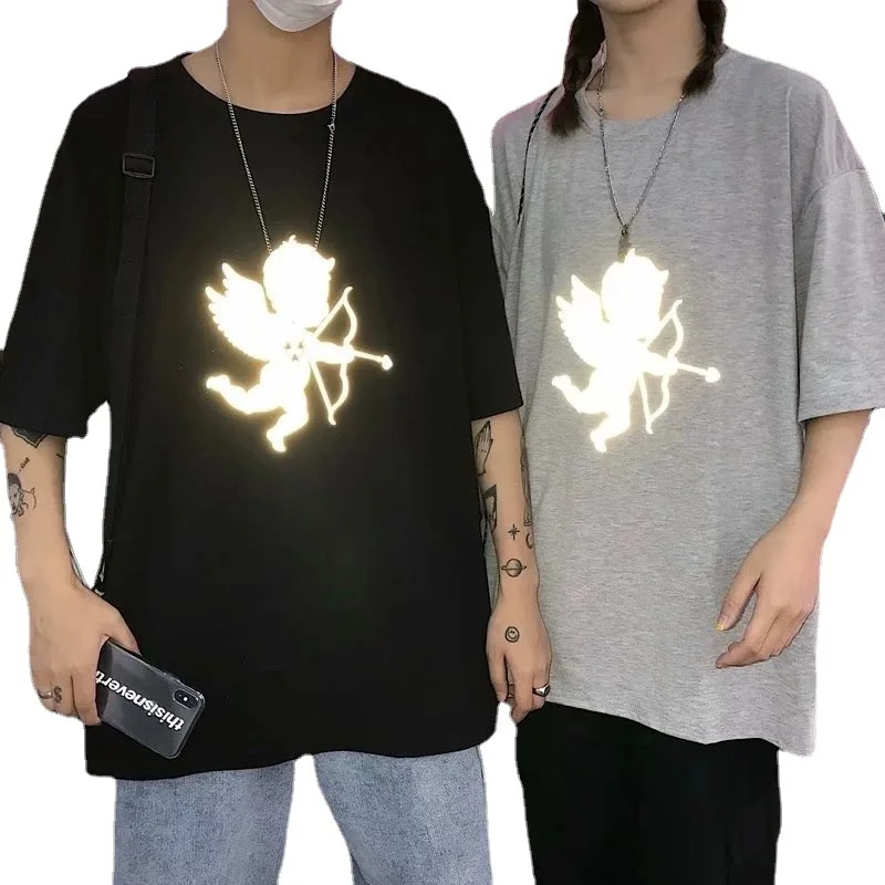 

Luminous Short Sleeve T-Shirt Hip-Hop Loose Harajuku Style Short-Sleeved Couple T-Shirt Cupid Printed Oversize T-Shirt Top
