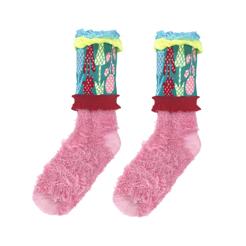 

Осенне-зимние розовые милые женские плюшевые носки толстые и теплые коралловые Цветочные цветные жаккардовые хлопковые носки с оборками