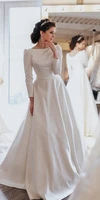 simple korean white satin wedding dresses a line long sleeves floor length bridal gowns modest garden bride dress vestidos
