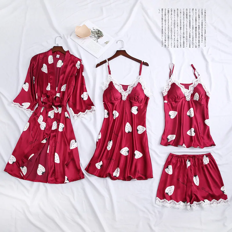 

Summer Autumn Women Silk Pajamas Sets With Chest Pads Flower Print Pijama Sleepwear 4 Pieces Satin Pyjamas