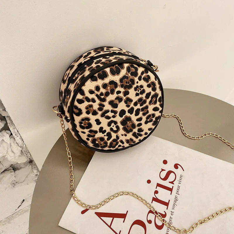 

Retro Leopard Ladies Diagonal Shoulder Bag for Women 2021 New Animal Pattern Chain Shaped Round Mobile Phone Pocket Bags Handbag