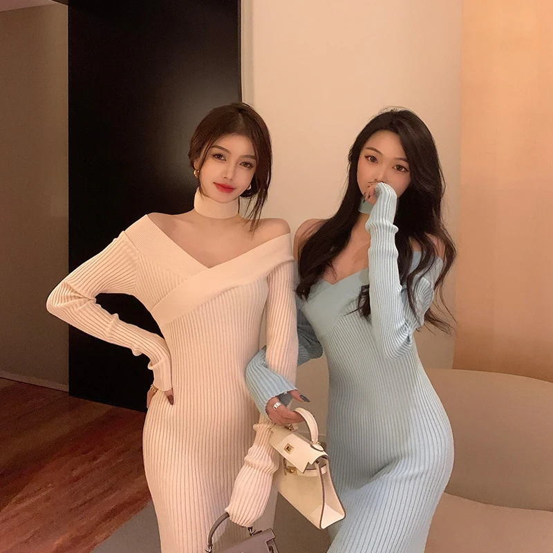 

Sister Fara New Spring Autumn Woman A-LINE Dress Casual Office Lady Sweater Dress 2021 Female Slash Neck Strapless Knitted Dress