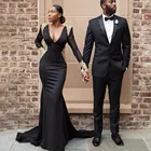 Платье с длинным рукавом и открытой спиной для выпусквечерние вечера, вечернее платье Дубая, арабское сексуальное черное платье, вечернее платье с V-образным вырезом и юбкой-годе
