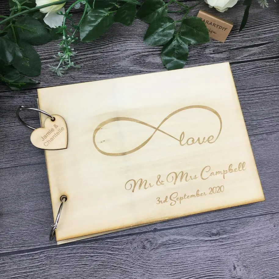 

personalized infinity love Rustic wedding guest album engraved Wooden guestbooks Reception baptism baby shower journals