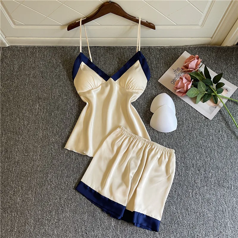 

Women Pajamas Set Satin Sleepwear Nightwear Summer Sexy Strap Top&Shorts Silky Sleeveless V-Neck Pijamas Patchwork Home Clothes