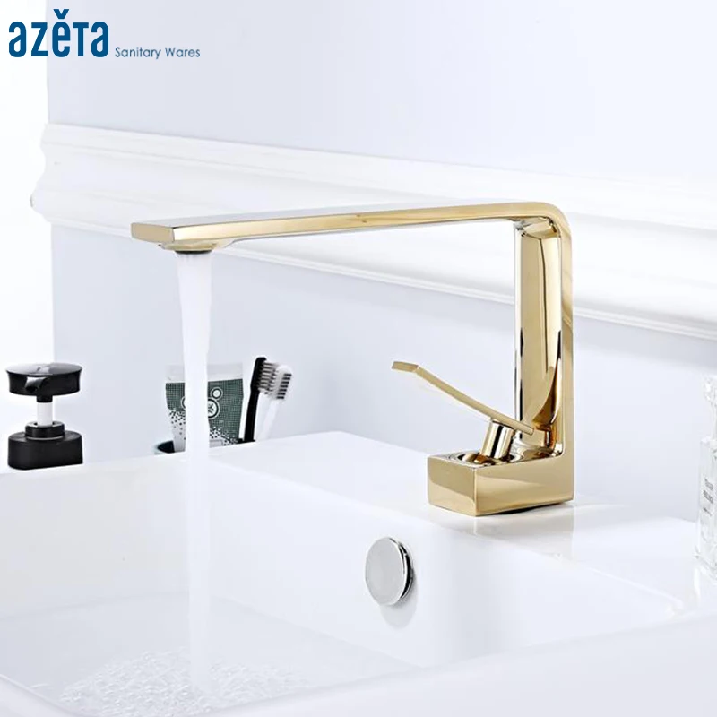 

Azeta Free Shipping Gold Basin Faucet Bathroom Cold and Hot Water Basin Tap Single Hole Deck Mounted Washbasin Mixer Tap AT7916G