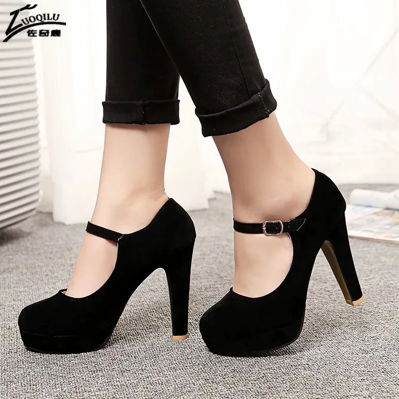 Женские туфли на высоком каблуке черные туфли-лодочки из флока с ремешком и