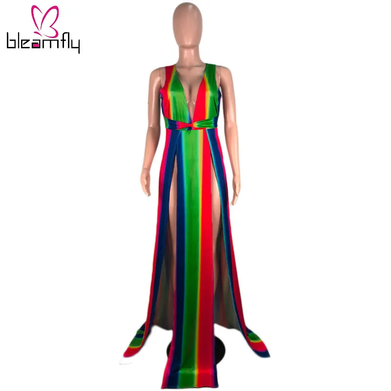 Радужное Сексуальное Платье макси с разрезом и принтом женская одежда для