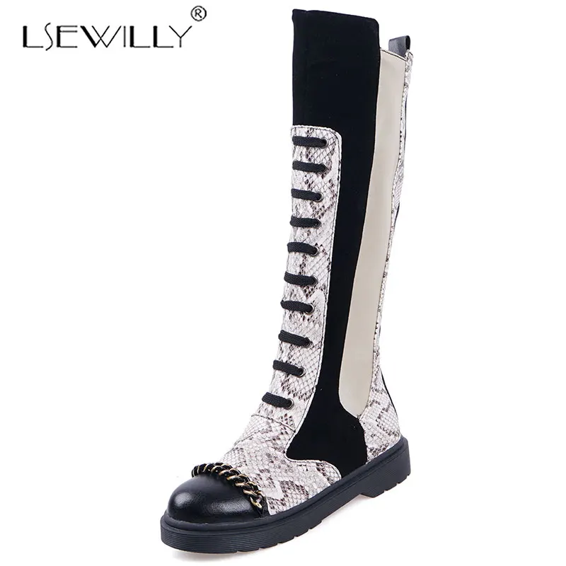 

Lsewilly Women's Snake Pattern Knee high Winter Boots Women High Heel Shoes Retro Knight low heel root Boots non-slip Boots