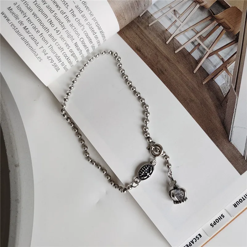 

POFUNUO Real 925 Sterling Silver Women Vintage Distressed Design Crown Charm Beads Chain Bracelets Exquisite Make Old Bracelets