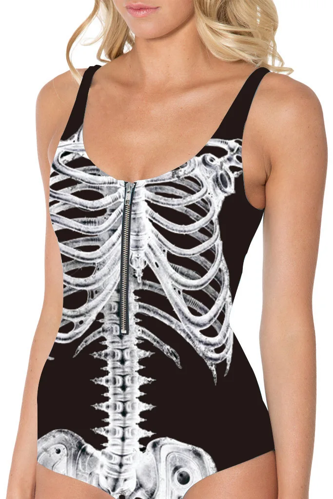 Печатный Белый Скелет молния сексуальный цельный купальник женщин |