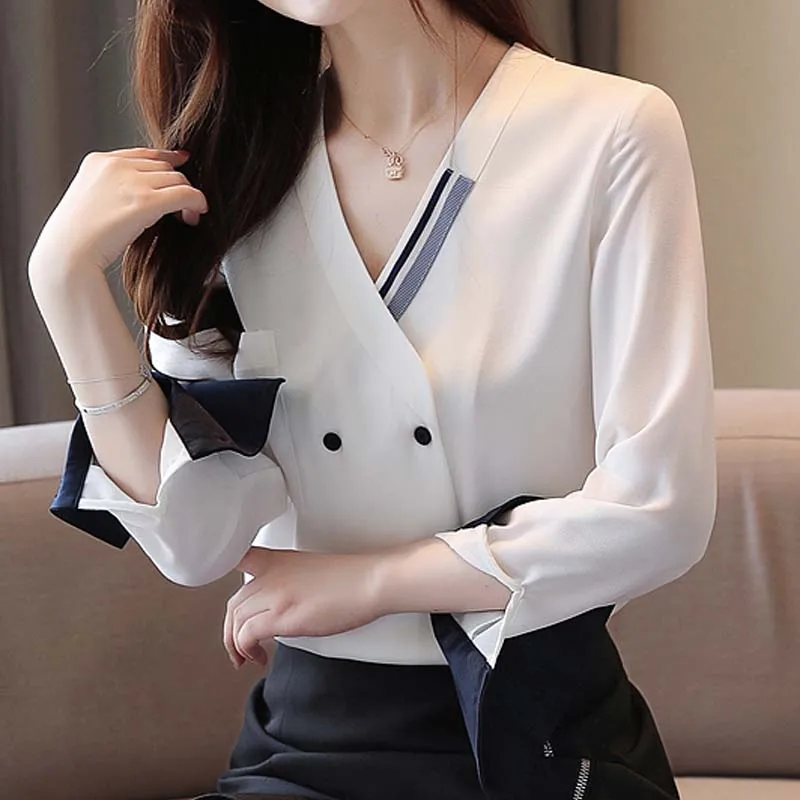 Женская шифоновая белая рубашка женская с длинным рукавом и V образным вырезом