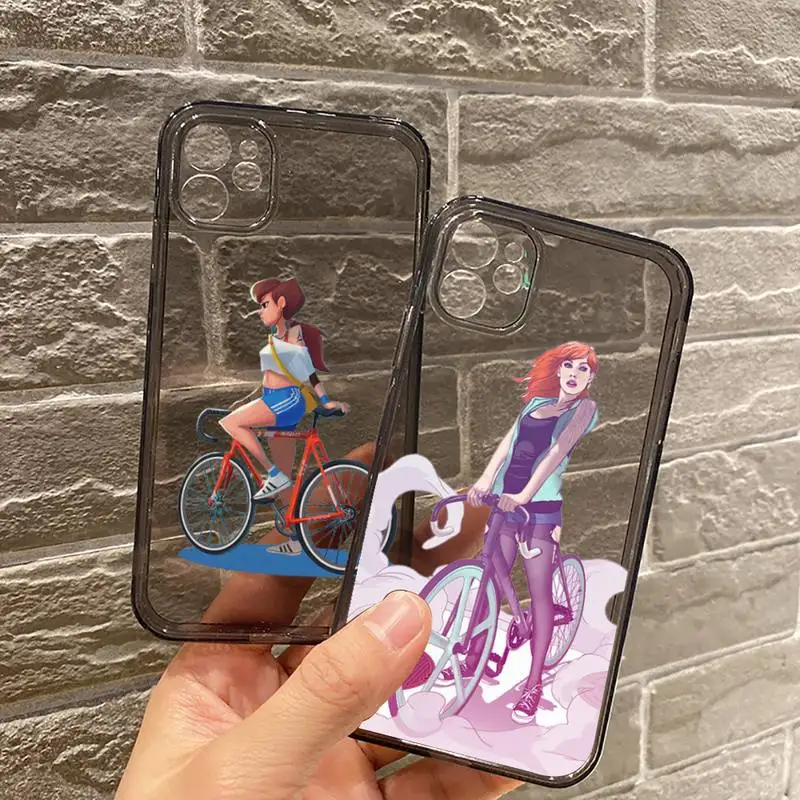 

Cartoon cycling girl Phone Case For iPhone 7 8 11 12 X XS XR MINI Pro Max Plus Retro Black Grey clear transparent