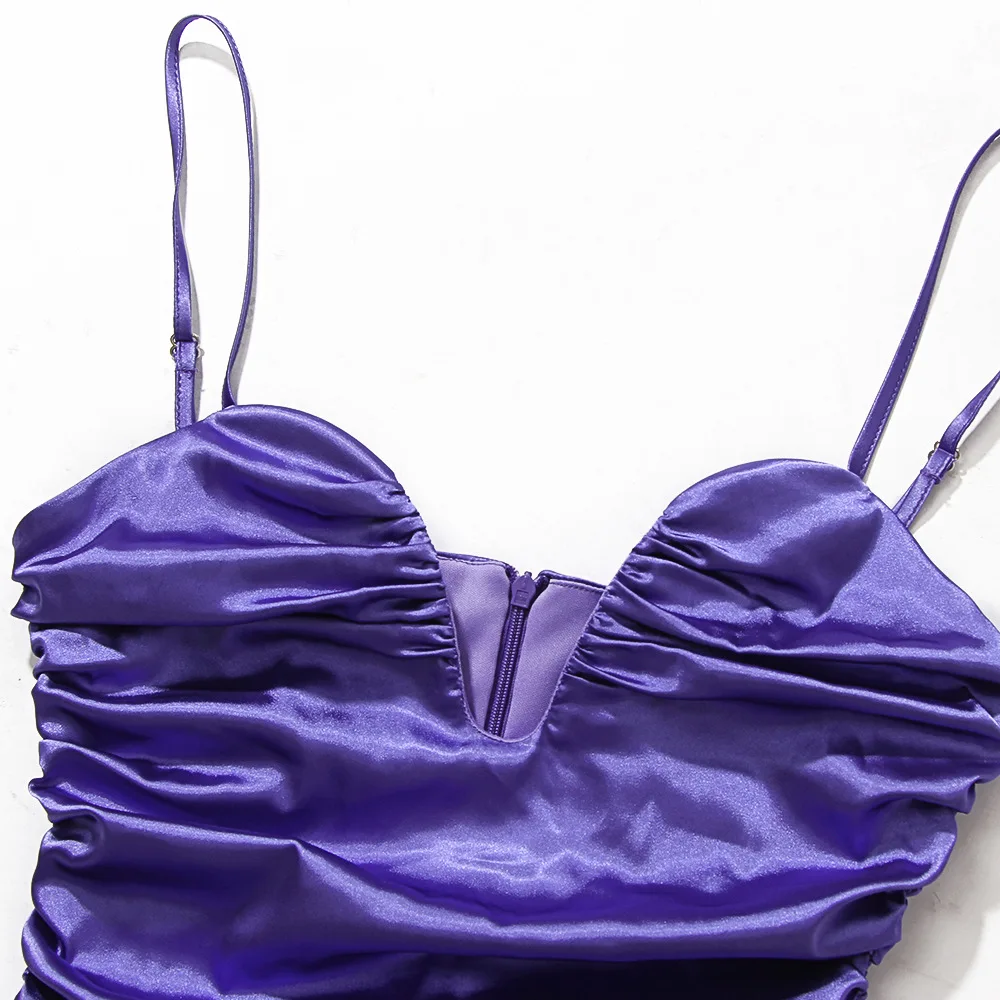 

2021 Pleated Sling Bodycon Bandage Dress Women Mini Deep V Neck Sleeveless Sexy Party Dresses Satin Summer Dresses Vestidos