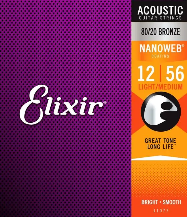 Оригинальные струны Elixir 11077 Nanoweb 80/20 для акустической гитары. 012 .056 средний