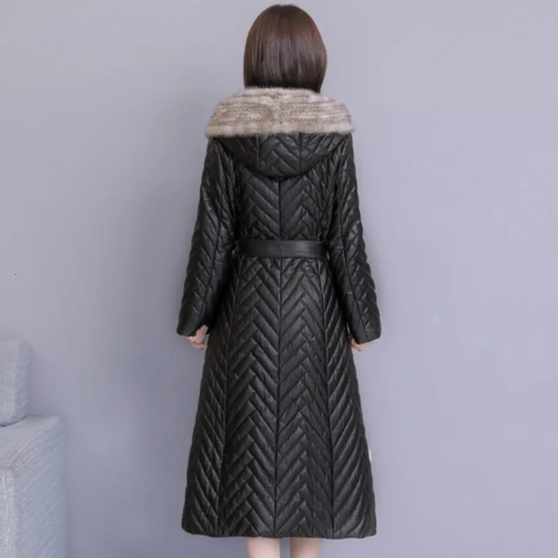 

Women Coat Jacket Harajuku Loose Fashion Winter Casual Parka PU Black Fur Hooded Belt Warm Thick Oversized Outerwear