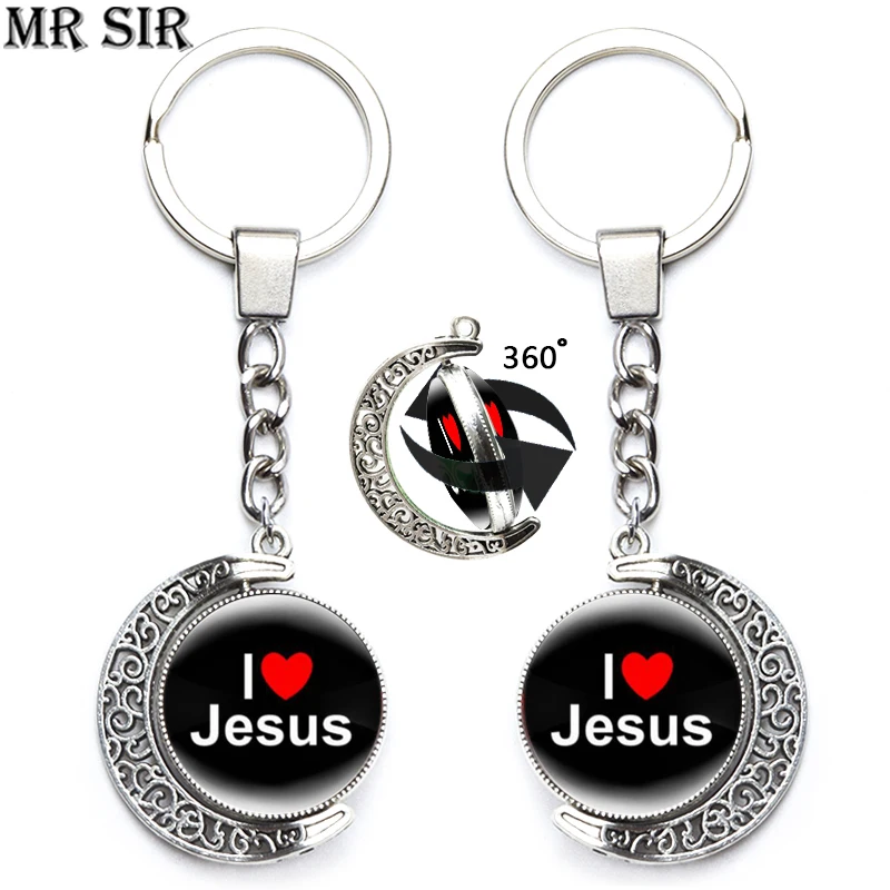 

I Love Jesus Fish Cross Keychain Rotatable Moon Keyring Religion Christ Fashion Cabochon Glass Metal Key Chains Accessories Gift