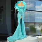 Женское платье-русалка, длинное вечернее платье с перьями, без бретелек, с разрезом, для выпускного вечера, 2021