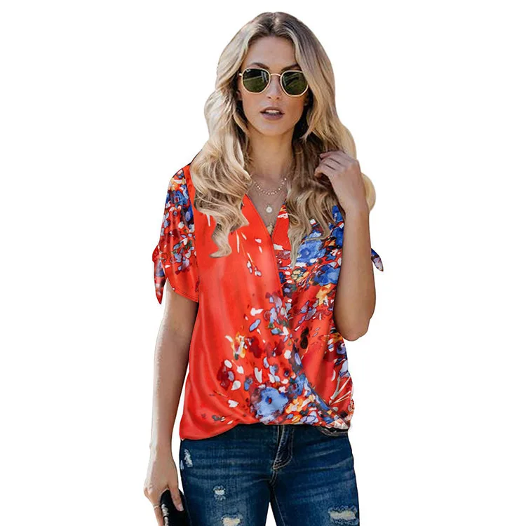 

European and American Fashion V-neck Shirt Women's 2021 Summer New Printed Loose Pleated Pullover Top