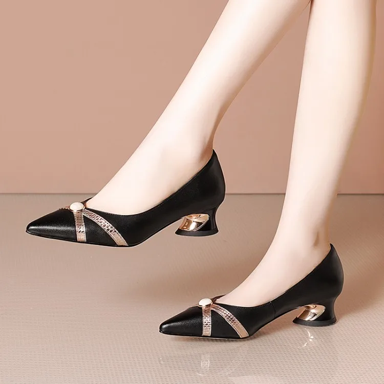 

MLJUESE 2021 Women Pumps Soft Cow leather Autumn Spring Black Color Pointed toe Slip on high heels pumps Size 42