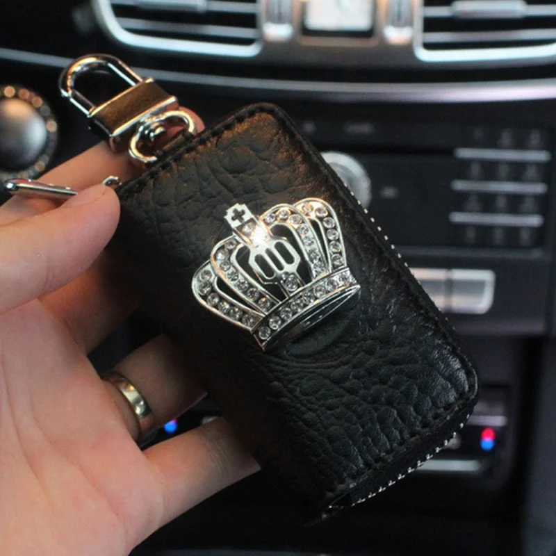 

9*5.5cm PU leather Women Fashion Car Key Case For Auto Rhinestone Covered Metal Crown Decoration Car-styling Auto Accessories