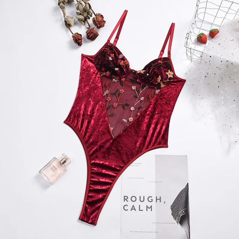 

Red Underwear Women See Through Floral Embroidery Lingerie Sexy Costume Velvet Mesh Patchwork Bodysuit Transparent Intimate Hot