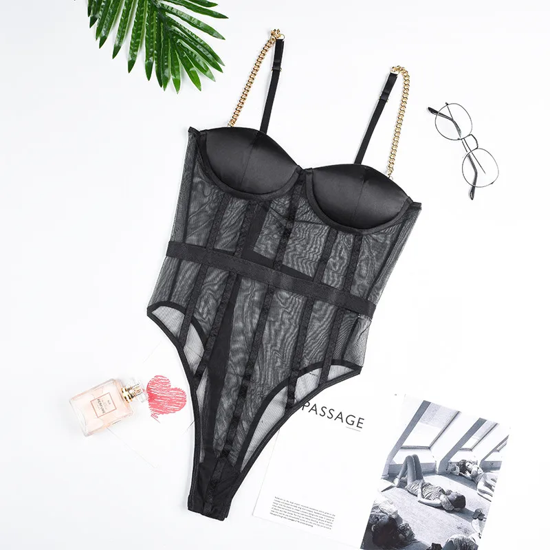 

Women's Sheer Mesh Cami Bodysuit Lingerie Sexy Hot Chain Strap Sleeveless Backless Black Transparent Skinny Leotard Underwear