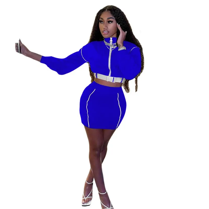 

Night Club Sexy Girls Skirt Sets Solid Long Sleeves Zipper Turtleneck Collar Sashes Crop Top Bodycon Skirts Two Pieces Sets
