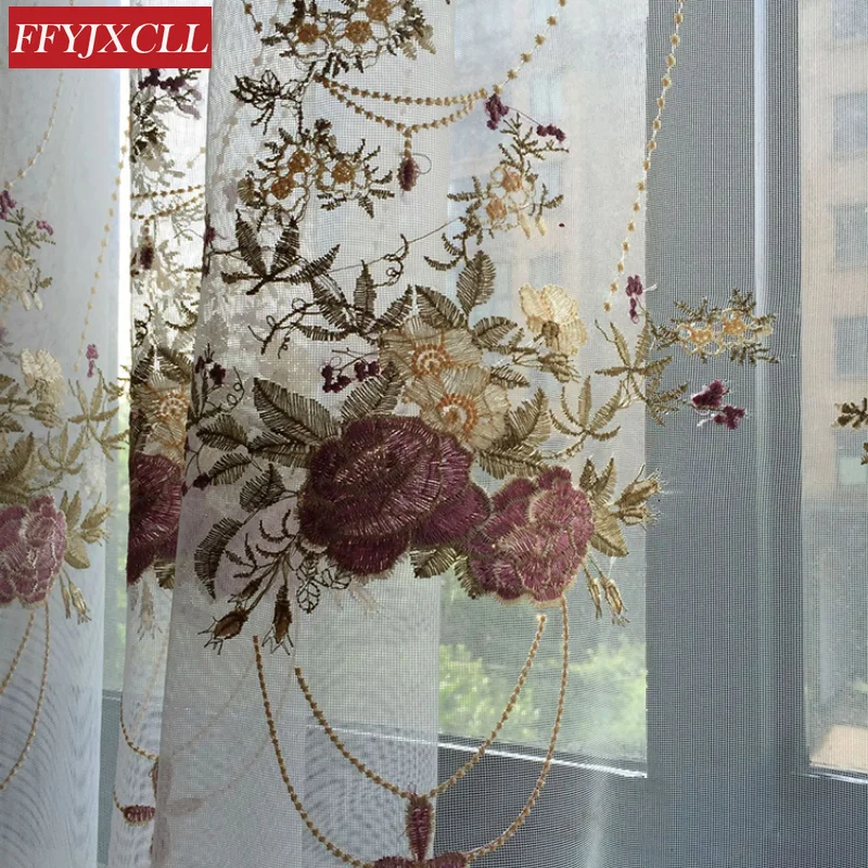 Роскошные кружевные голубые вышитые шторы для гостиной розово-фиолетовые