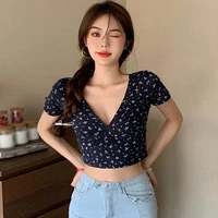 korean girl women summer tops floral print v neck fashion slim open navel short sleeve t shirt for female
