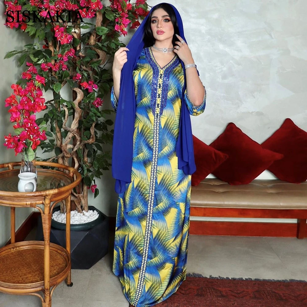 

Осеннее алмазное платье абайя для женщин Юго-Восточная Азия мусульманский Дубай, Турция арабский Оман Марокко лента цветочный Jalabiya Eid наряд...