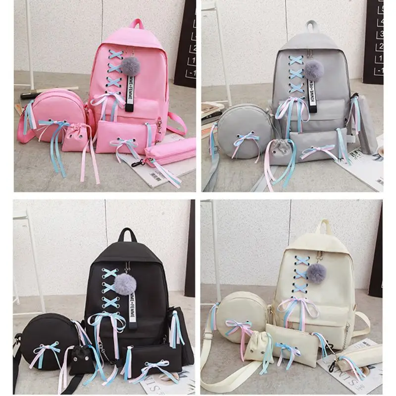 

50LD 5pcs Canvas Backpack School Student Ribbon Bookbags Casual Daypack Handbag Shoulder Drawstring Bag Pencil Case Set for