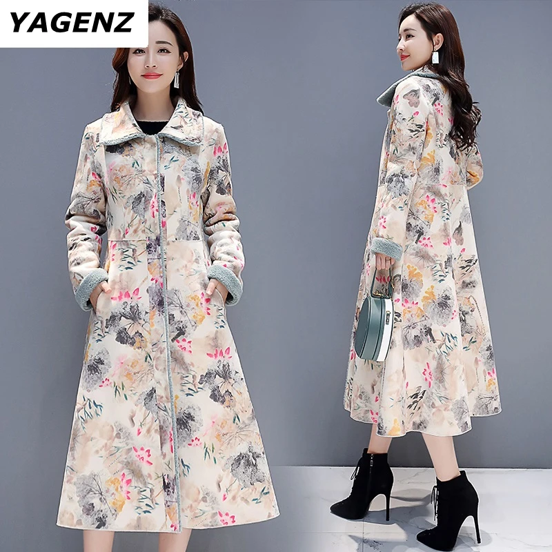 2019 Новая женская зимняя куртка длинное замшевое хлопковое пальто с принтом из