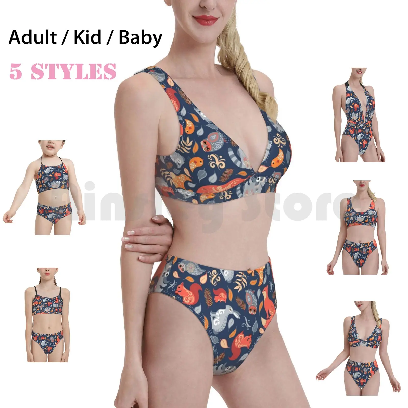 

Fairy-Tale Forest. Scandinavian Design. Swimsuit 1331 Swimwear Fox Bear Raccoon Cute Animals Blue