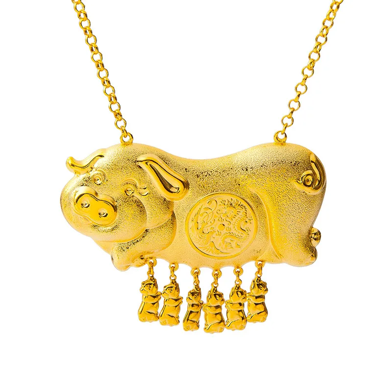 

Vintage Pig Baby & Pig Mother Pendant Necklace 18K Gold Women Luxury Wedding Party Jewelry