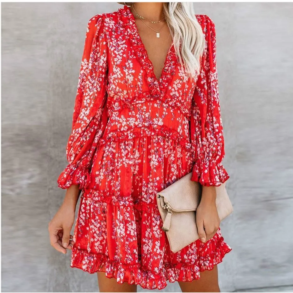 Мини платье с длинным рукавом и рюшами женское элегантное цветочным принтом v