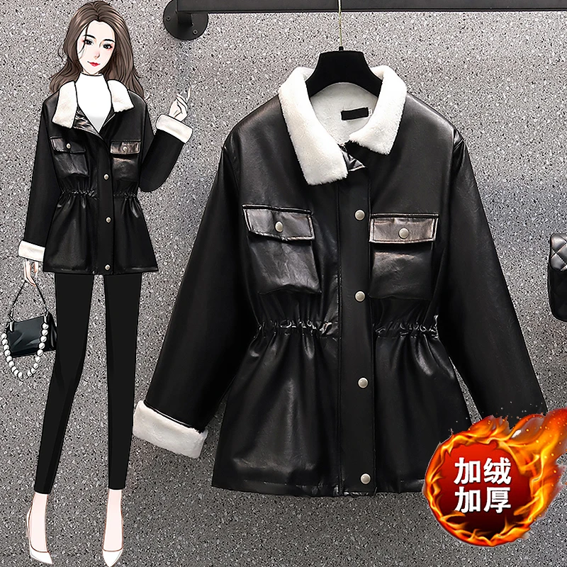 Leather Coat Female Autumn Winter New Fashion Black PU Shiny Leather Jacket For Women Plus Velvet Jacket Abbigliamento