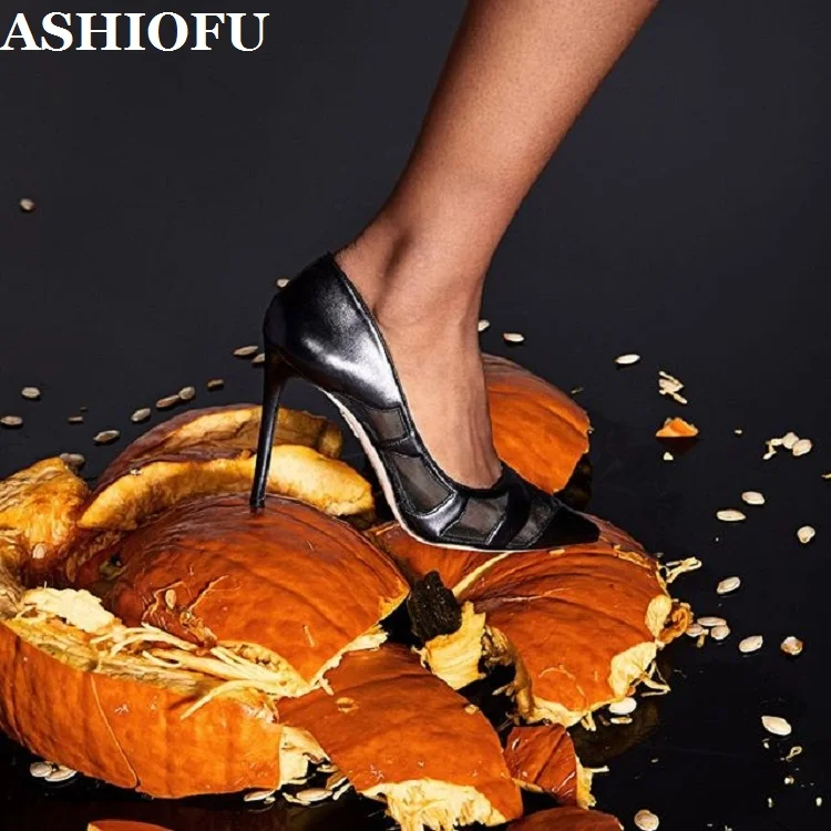 

ASHIOFU New Handmade Simple Ladies High Heels Pumps Faux-leather Slip-on Party Office Dress Shoes Large Size Fashion Court Shoes