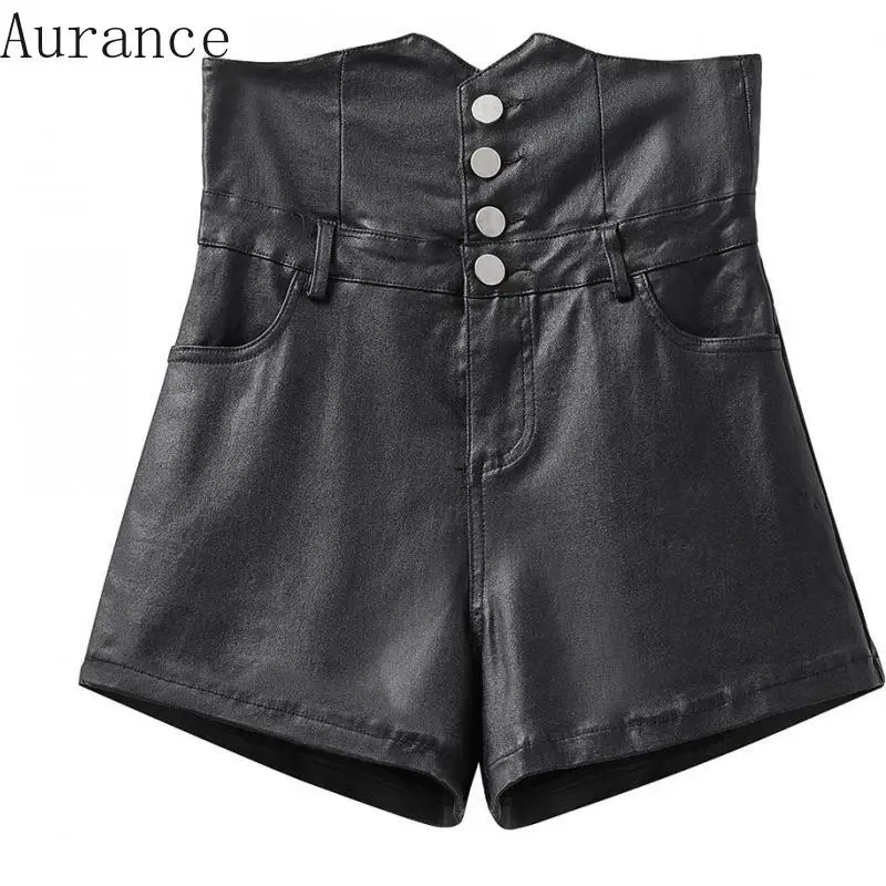 

[Aurance] Women Vintage Black Pu Leather Shorts High Waisted All Match High Waist Shorts Women's 2021 New Fashion Clothing