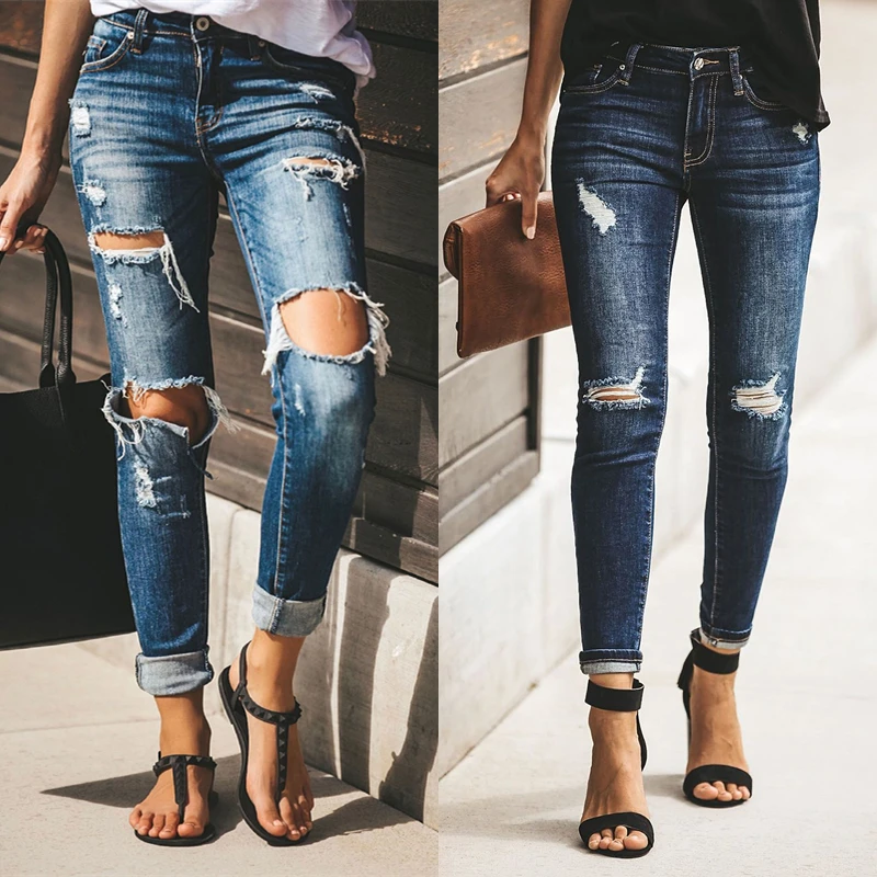 

Женские джинсы-карандаш, джинсовые обтягивающие брюки, рваные плиссированные Стрейчевые джинсы, облегающие узкие брюки, женские джинсы