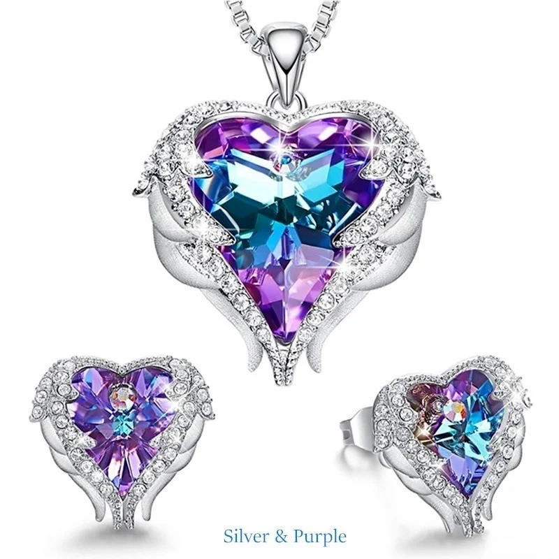 Набор из ожерелья и серег с кристаллами в форме крыльев Ангела Любовное сердце