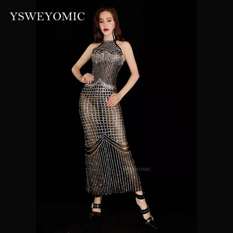 2019 сексуальные блестящие серебряные стразы прозрачное черное платье бальное для