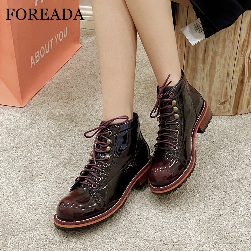 

FOREADA Natural Genuine Leather Ankle Boots Med Heel Woman Boots Chunky Heel Shoes Lace Up Short Boots Female Autumn Wine Red 39