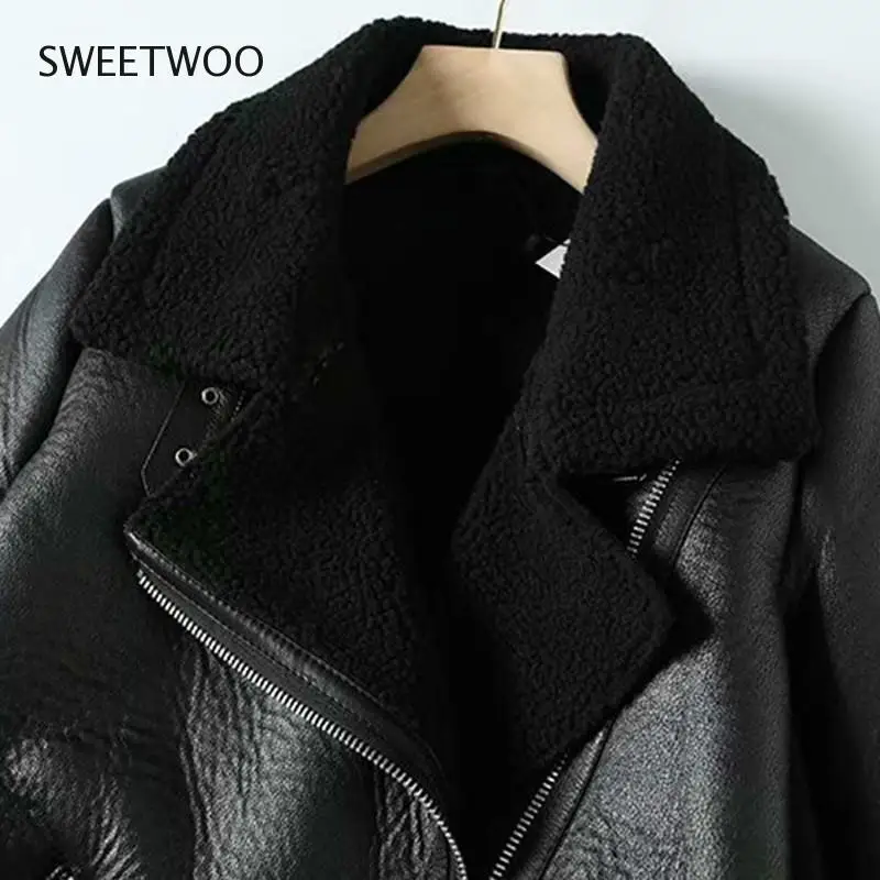 

Women Beige Fur Faux Leather Jacket Coat with Belt Turn Down Collar Ladies 2019 Winter Thick Warm Oversized Coat