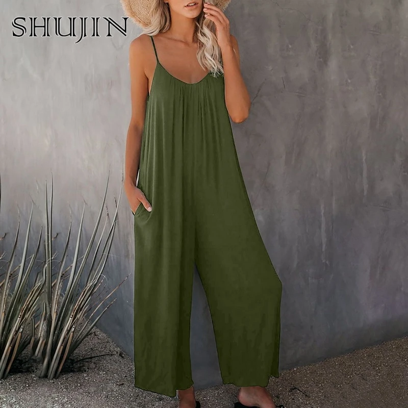 

SHUJIN 2021 Summer Rompers Women Jumpsuits Sexy V Neck Long Playsuits Casual Loose Overalls Wide Leg Mono Bodysuit Plus Size