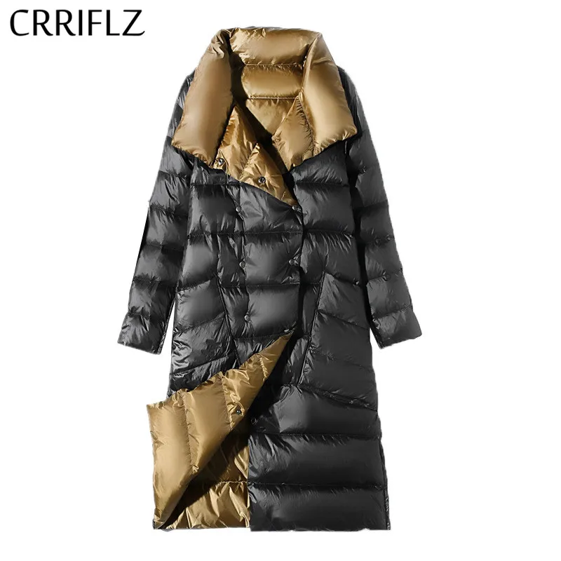 

CRRIFLZ Women Double Sided Down Long Jacket Spring Autumn Turtleneck White Duck Down Double Breasted Warm Parkas Snow Outwear