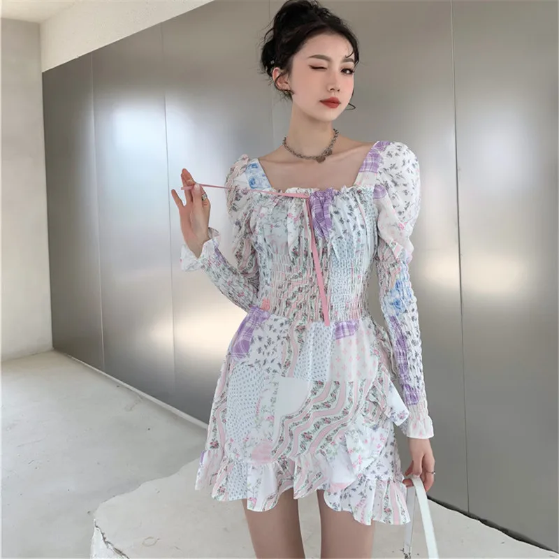 

2021 Spring New Women Long Sleeve Floral Sexy Mini Dress Splice Ruffles Pleated Slim Casual Party Night Club Dresses Female