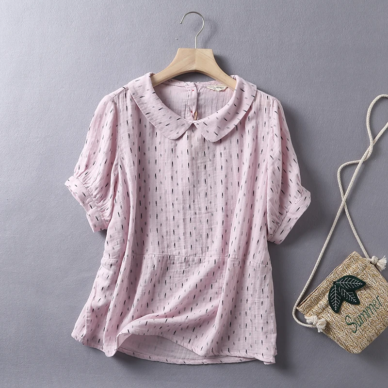 

Mori women's summer new short sleeve double layer cotton shirt Pullover top casual wear