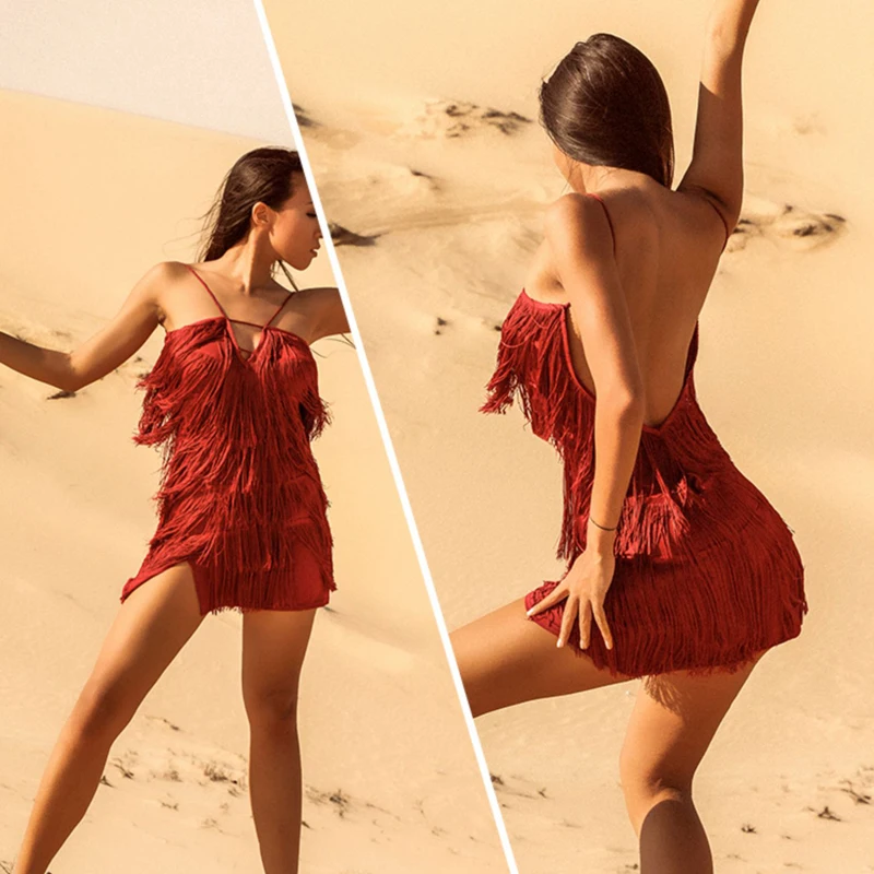 Платье для латинских танцев женское платье с бахромой красное на бретельках