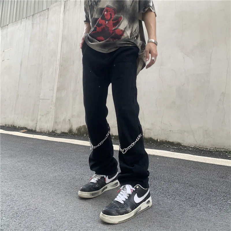 ICCLEK American High Street Jeans Loose Pull Jeans Fashion Straight Leg Pants Casual Pants Men Jeans Low Rise Jeans
